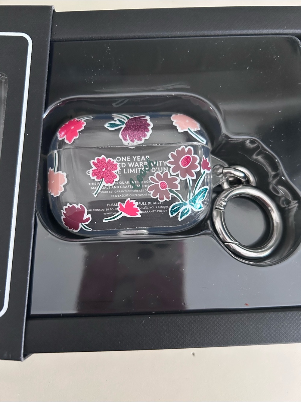 Coach Clear AirPods Case with Pink and Purple Floral Design and Silver Keyring